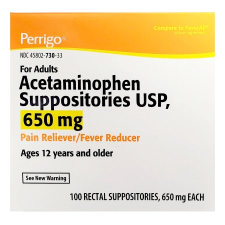 Perrigo Company  45802073033 Pain Relief 650 mg Strength Acetaminophen Rectal Suppository 100 per Box