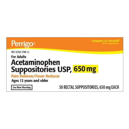 Perrigo Company  45802073032 Pain Relief 650 mg Strength Acetaminophen Rectal Suppository 50 per Box