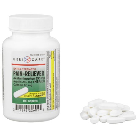 Geri-Care  226-01-GCP Pain Relief McKesson Brand 250 mg - 250 mg - 65 mg Strength Acetaminophen / Aspirin / Caffeine Caplet 100 per Bottle