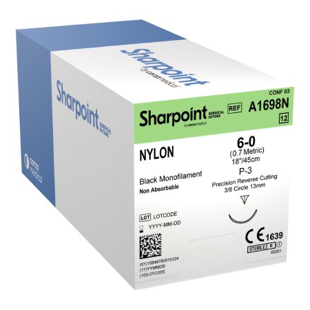 Surgical Specialties  A1698N Nonabsorbable Suture with Needle Surgical Specialties Nylon DSM13 3/8 Circle Precision Reverse Cutting Needle Size 6 - 0 Monofilament