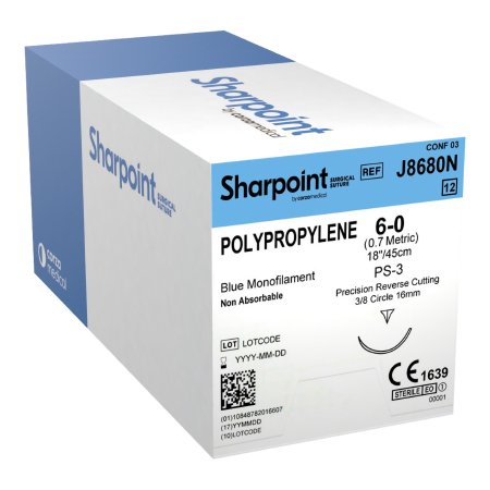 Surgical Specialties  J8680N Nonabsorbable Suture with Needle Surgical Specialties Polypropylene DSM16 3/8 Circle Precision Reverse Cutting Needle Size 6 - 0 Monofilament