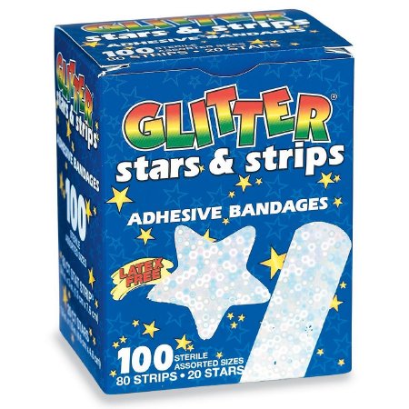 SmileMakers  BAN24 Adhesive Strip Glitter 3/4 X 3 Inch / 1-4/5 Inch Plastic Rectangle / Star Kid Design (Glitter Stars and Stripes) Sterile