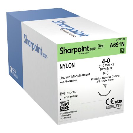 Surgical Specialties  A691N Nonabsorbable Suture with Needle Sharpoint Nylon P-3 3/8 Circle Precision Reverse Cutting Needle Size 4 - 0 Monofilament