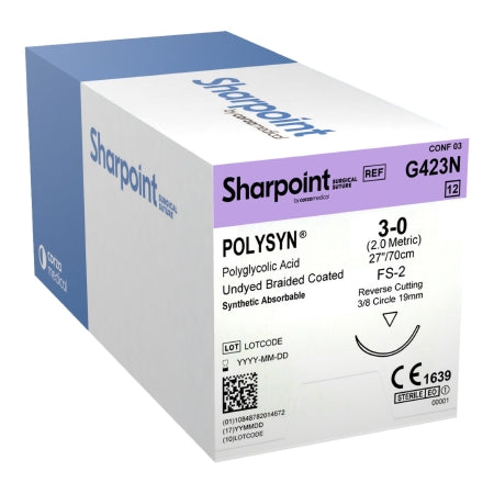 Surgical Specialties  G423N Absorbable Suture with Needle PolySyn Polyglycolic Acid 3/8 Circle Precision Reverse Cutting Needle Size 3 - 0 Braided