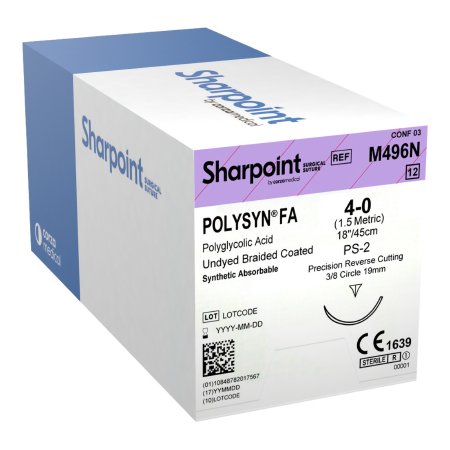 Surgical Specialties  M496N Absorbable Suture with Needle PolySyn FA Polyglycolic Acid DSM19 3/8 Circle Precision Reverse Cutting Needle Size 4 - 0 Braided