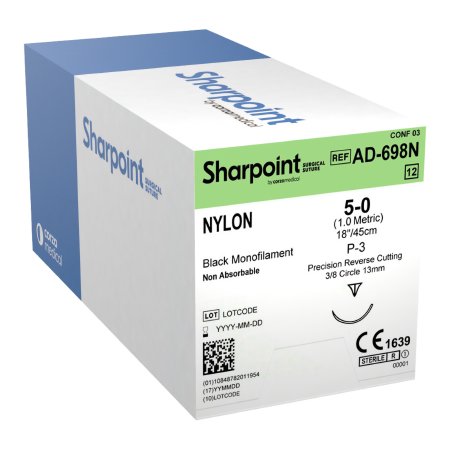 Surgical Specialties  AD-698N Nonabsorbable Suture with Needle Sharpoint Nylon DGL13 3/8 Circle Precision Reverse Cutting Needle Size 5 - 0 Monofilament