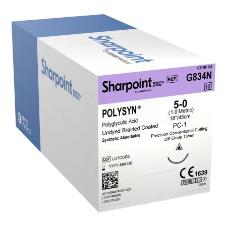 Surgical Specialties  G834N Absorbable Suture with Needle PolySyn Polyglycolic Acid DSM13 3/8 Circle Precision Conventional Cutting Needle Size 5 - 0 Braided