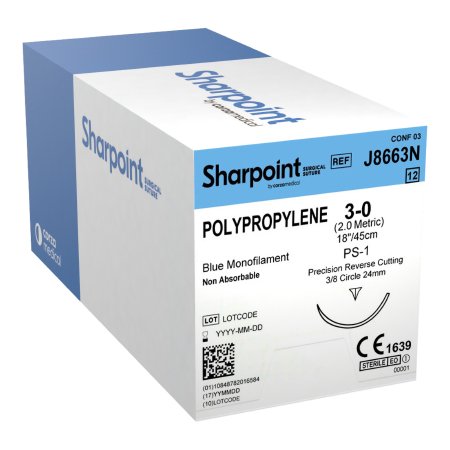 Surgical Specialties  J8663N Nonabsorbable Suture with Needle Surgical Specialties Polypropylene DSM24 3/8 Circle Precision Reverse Cutting Needle Size 3 - 0 Monofilament