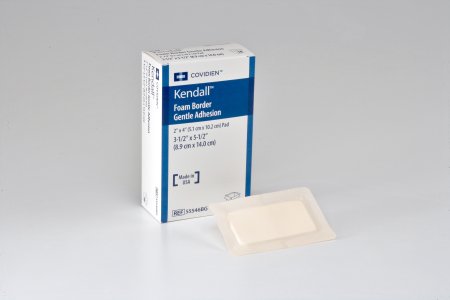 Cardinal  55546BG Foam Dressing Kendall Border Foam Gentle Adhesion 3-1/2 X 5-1/2 Inch With Border Film Backing Silicone Adhesive Rectangle Sterile