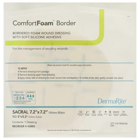 DermaRite Industries  43880 Foam Dressing ComfortFoam Border 7-1/5 X 7-1/5 Inch With Border Waterproof Backing Silicone Adhesive Sacral Sterile