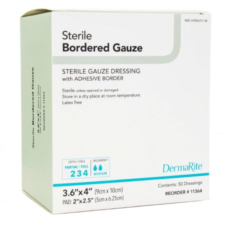 DermaRite Industries  11364 Adhesive Dressing DermaRite Bordered Gauze 3-3/5 X 4 Inch Square Sterile