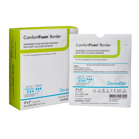 DermaRite Industries  43330 Foam Dressing ComfortFoam Border 3 X 3 Inch With Border Waterproof Backing Silicone Adhesive Square Sterile