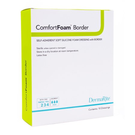 DermaRite Industries  43580 Foam Dressing ComfortFoam Border 5 X 8 Inch With Border Waterproof Backing Silicone Adhesive Elbow / Heel Sterile