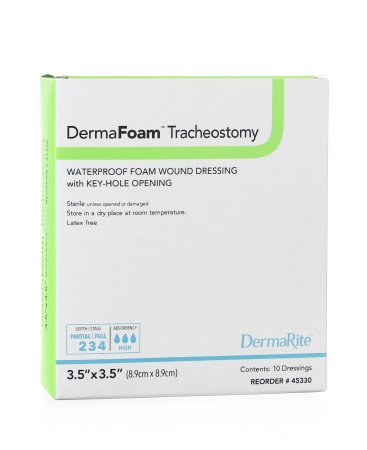 DermaRite Industries  45330 Foam Dressing DermaFoam Tracheostomy 3-1/2 X 3-1/2 Inch Without Border Waterproof Backing Nonadhesive Fenestrated Square Sterile