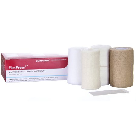 DermaRite Industries  79000 4 Layer Compression Bandage System FlexPress4 Multiple Sizes Self-Adherent / Tape Closure Tan / White NonSterile Standard Compression