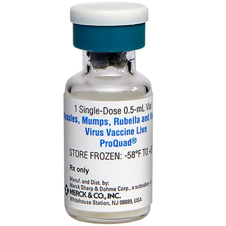 Merck  00006417100 ProQuad MMR and Chicken Pox Vaccine Indicated for People 12 Months Through 12 Years of Age Measles, Mumps, and Rubella and Varicella Virus Vaccine Injection Single-Dose Vial 0.5 mL