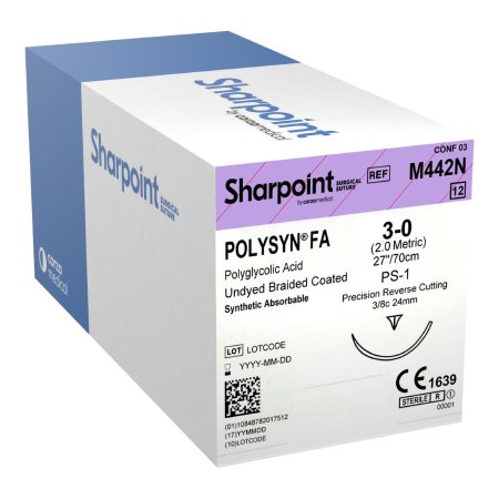 Surgical Specialties  M442N Absorbable Suture with Needle PolySyn FA Polyglycolic Acid DS24 3/8 Circle Reverse Cutting Needle Size 3 - 0 Braided