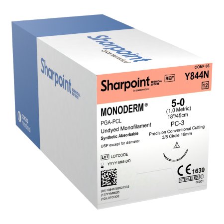 Surgical Specialties  Y844N Absorbable Suture with Needle Monoderm Polyglycolic Acid DSCM 3/8 Circle Precision Conventional Cutting Needle Size 5 - 0 Monofilament