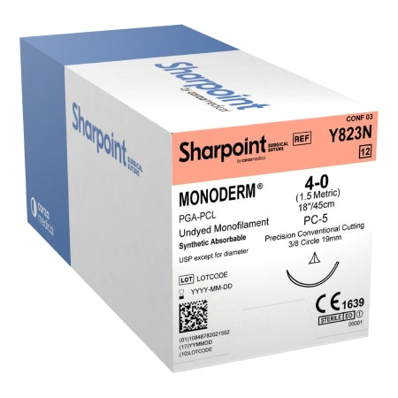 Surgical Specialties  Y823N Absorbable Suture with Needle Monoderm Polyglycolic Acid PC-5 3/8 Circle Precision Conventional Cutting Needle Size 4 - 0 Monofilament