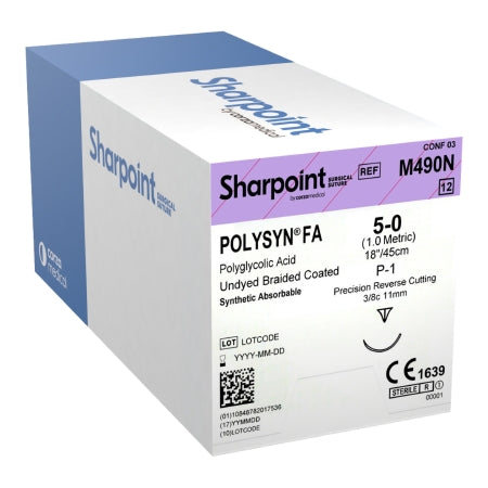 Surgical Specialties  M490N Absorbable Suture with Needle PolySyn FA Polyglycolic Acid DSM11 3/8 Circle Precision Reverse Cutting Needle Size 5 - 0 Braided