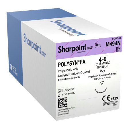 Surgical Specialties  M494N Absorbable Suture with Needle PolySyn FA Polyglycolic Acid DSM13 3/8 Circle Precision Reverse Cutting Needle Size 4 - 0 Braided