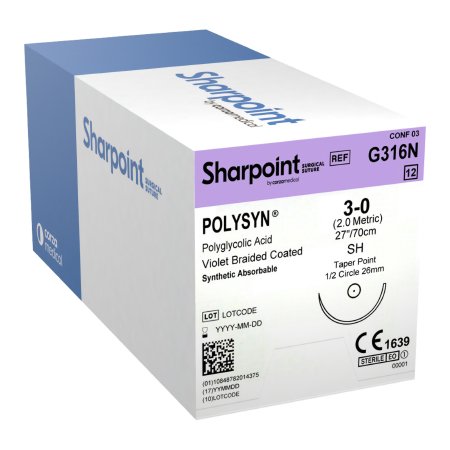 Surgical Specialties  G316N Absorbable Suture with Needle PolySyn Polyglycolic Acid T-5 1/2 Circle Taper Point Needle Size 3 - 0 Braided