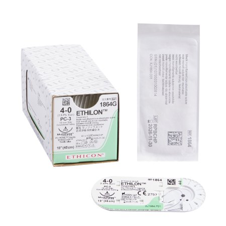 J & J Healthcare Systems  1864G Nonabsorbable Suture with Needle Ethilon Nylon PC-3 3/8 Circle Precision Conventional Cutting Needle Size 4 - 0 Monofilament