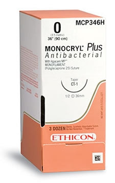 J & J Healthcare Systems  MCP344H Absorbable Antibacterial Suture with Needle Monocryl Plus Poliglecaprone 25 with Irgacare MP Antibacterial Suture CT-1 1/2 Circle Taper Point Needle Size 3 - 0