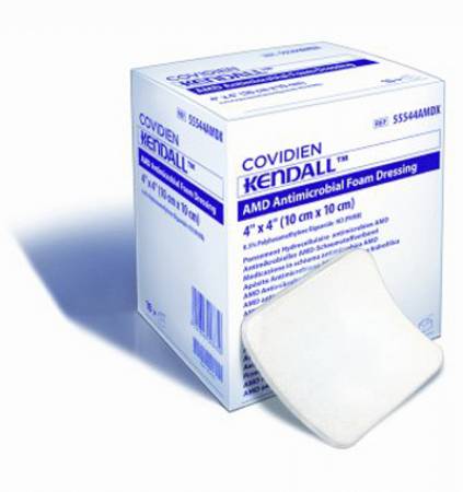 Cardinal  55535PAMD Antibacterial Foam Dressing Kendall AMD with Topsheet 3-1/2 X 3 Inch Without Border Polyurethane Backing Nonadhesive Fenestrated Rectangle Sterile