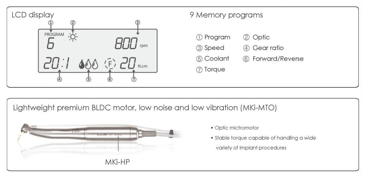 Implant Motor Ki-20 w/ MTO E-Type Motor Optic Contra Angle Complete Set